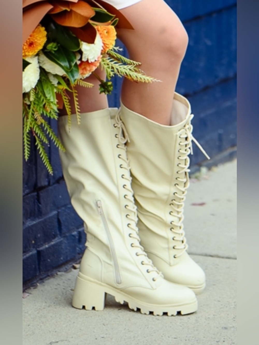 Cream Lace-Up Knee Boots with Plaid Sweater Dress - Picture 4 of 7